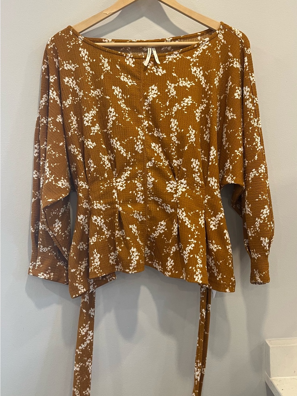 Anthropologie Mustard Yellow Floral Waffle Wrap Peplum Top